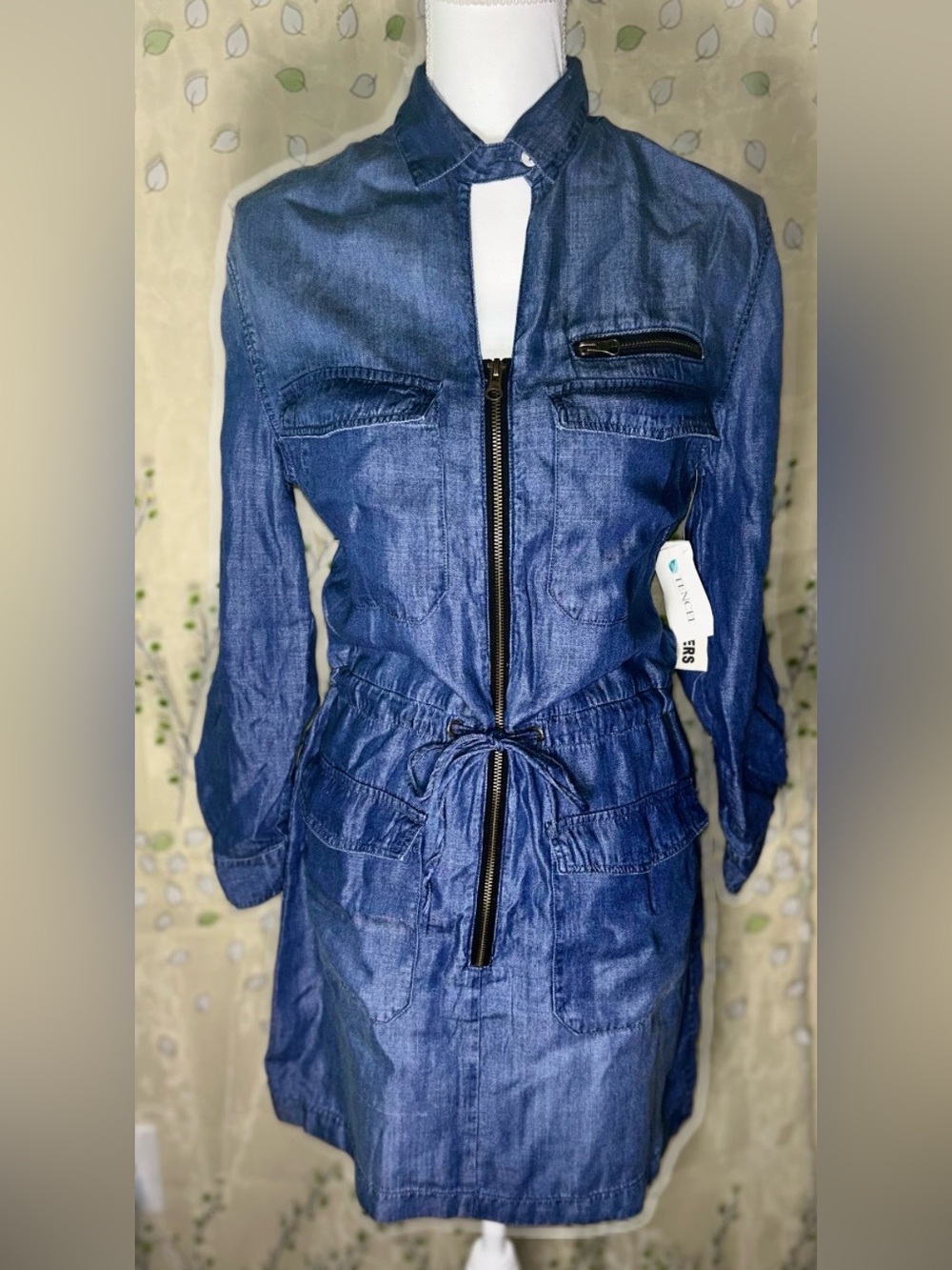 NWT 4OUR DREAMERS Tencel Lyocell Denim Shirt Dress Blue Size S Roll Tab Waist